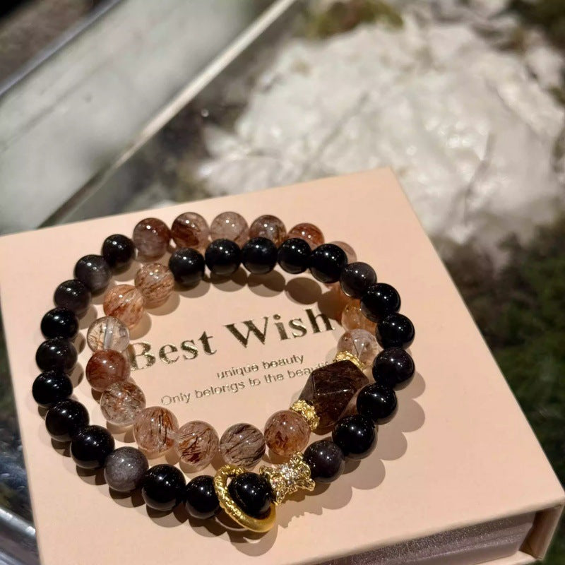 Double-Layer Phantom Quartz & Obsidian Bracelet | Transformation & Energy Shield Jewelry