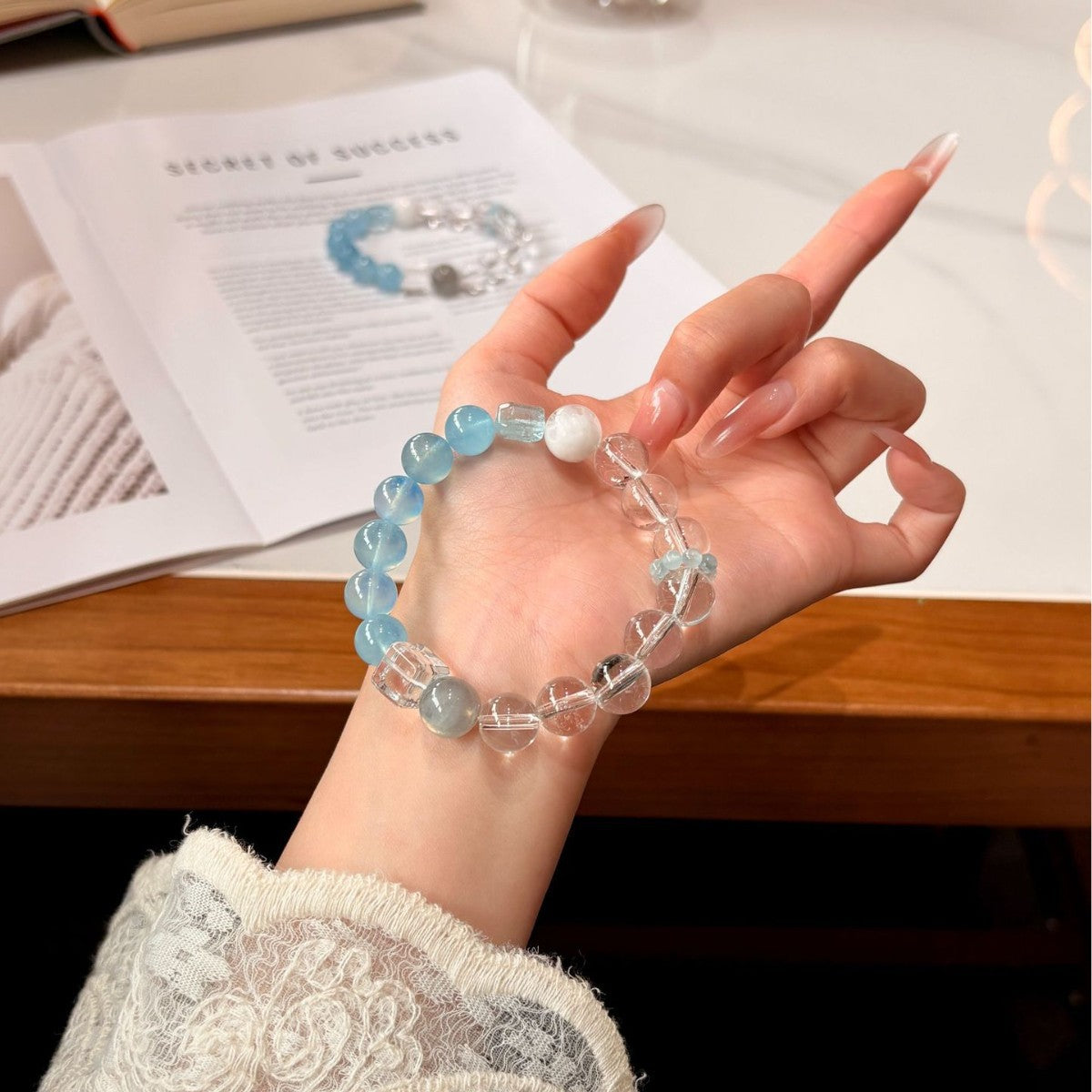 Ocean Calm Crystal Bracelet | Natural Aquamarine & Moonstone Healing Bracelet for Anxiety Relief