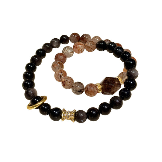 Double-Layer Phantom Quartz & Obsidian Bracelet | Transformation & Energy Shield Jewelry