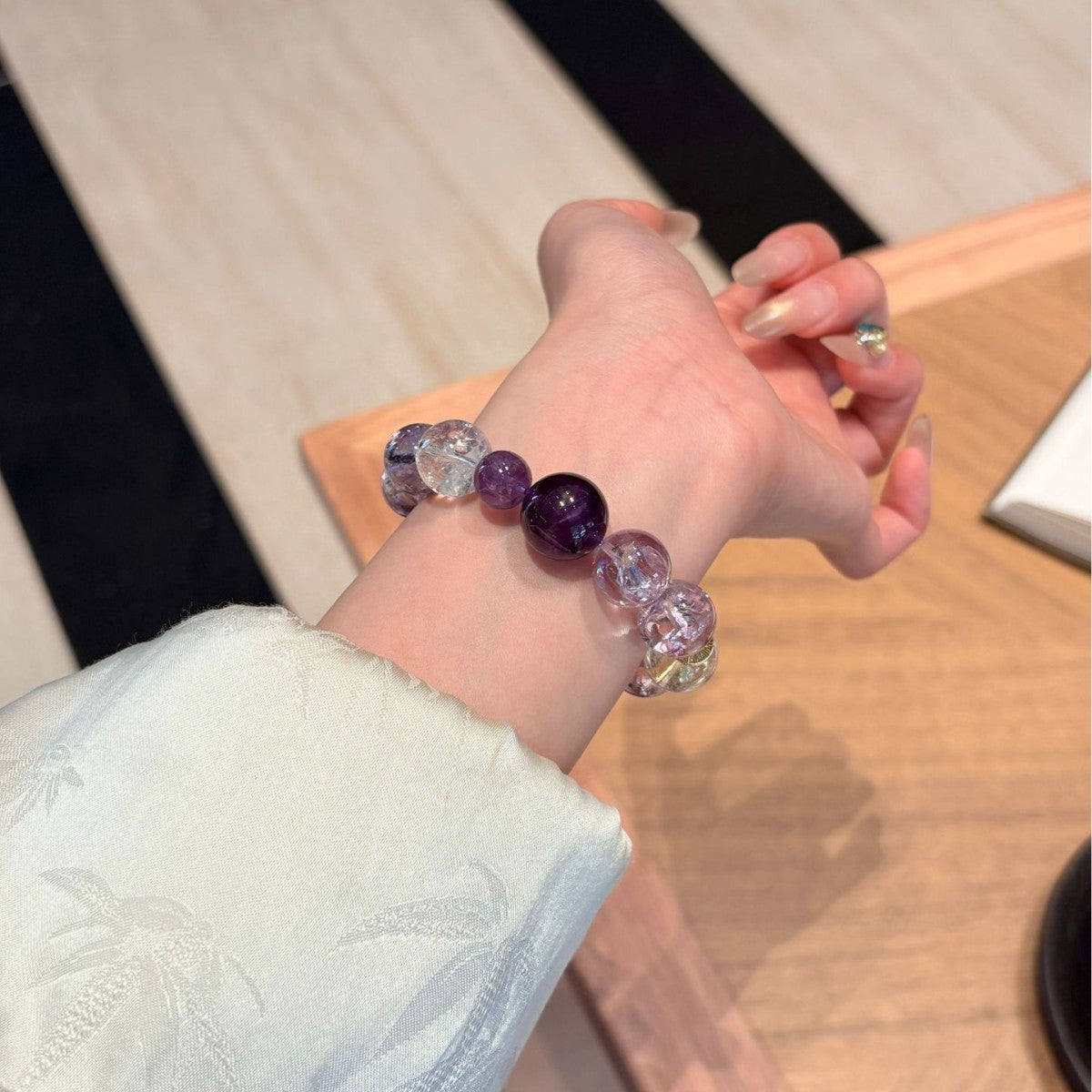 Calming Amethyst Azeztulite Beaded Bracelet | Aura Protection Crystal for Women