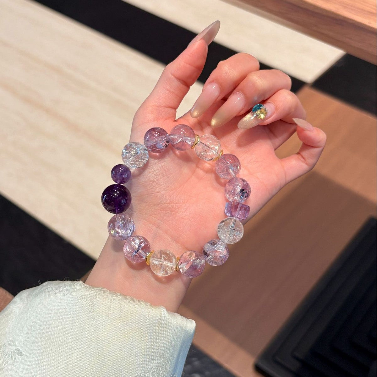 Calming Amethyst Azeztulite Beaded Bracelet | Aura Protection Crystal for Women
