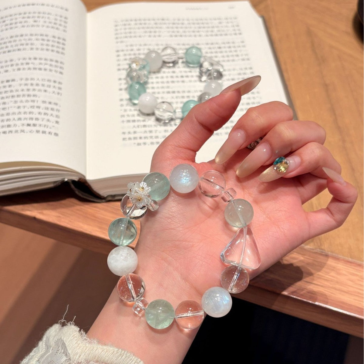 Aqua Moon Serenity Crystal Bracelet | Blue Moonstone & Green Fluorite Emotional Calm Healing Jewelry